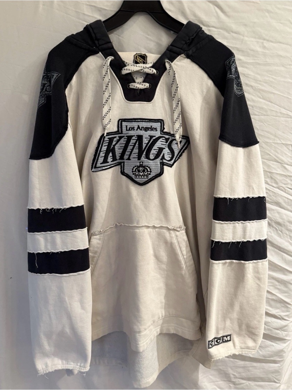 Vintage CCM Los Angeles Kings Lace Up Hoodie 2XL NHL Hockey Raw Edge Sweatshirt